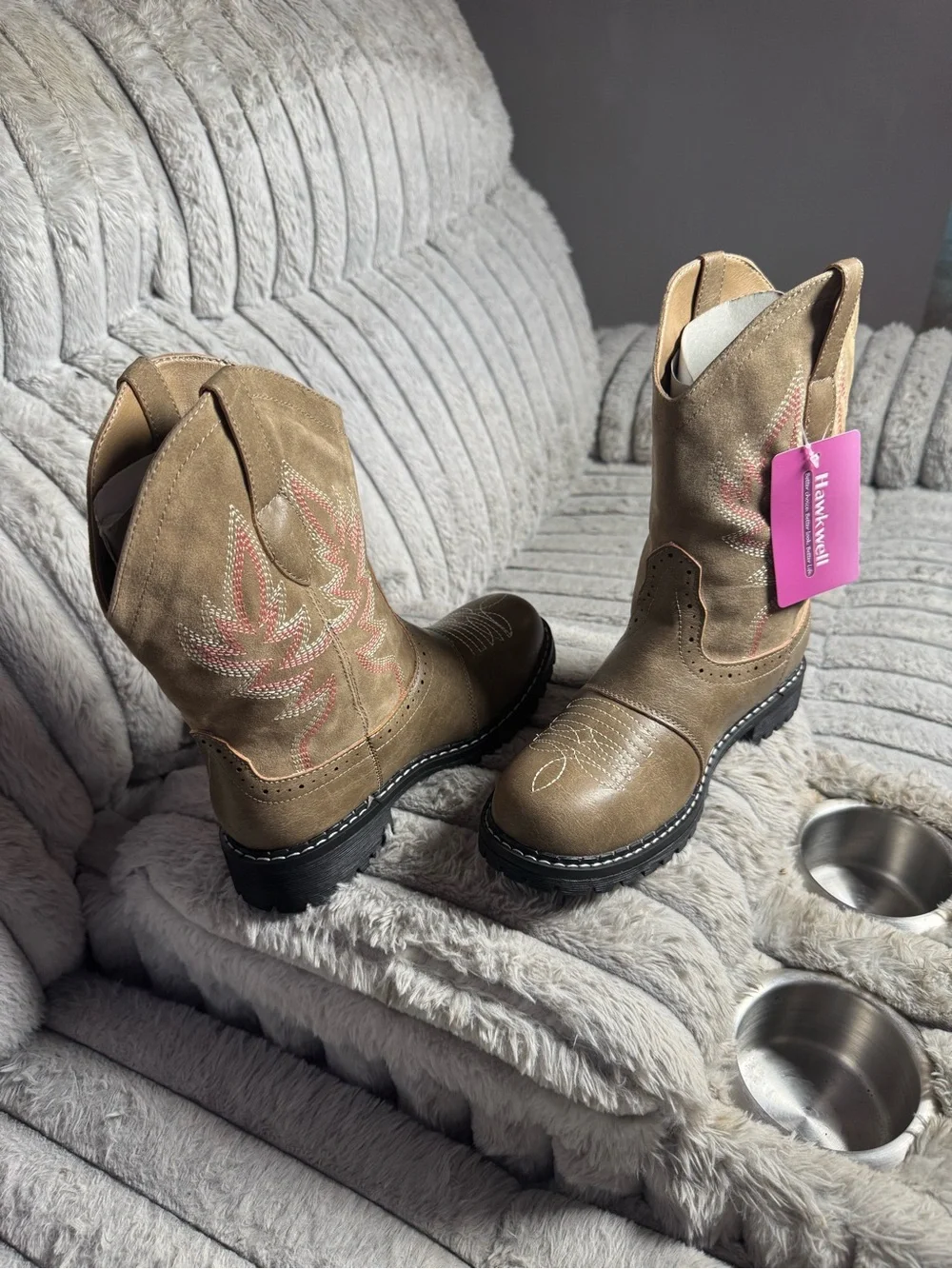 Hawkwell Tan Western Boots with Pink Stitching